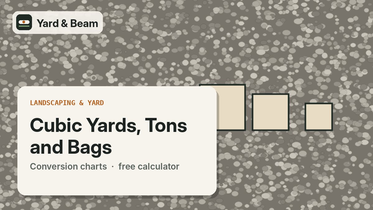 Illustration of a cubic yard box beside a pile of stone, a scale and a stack of bags